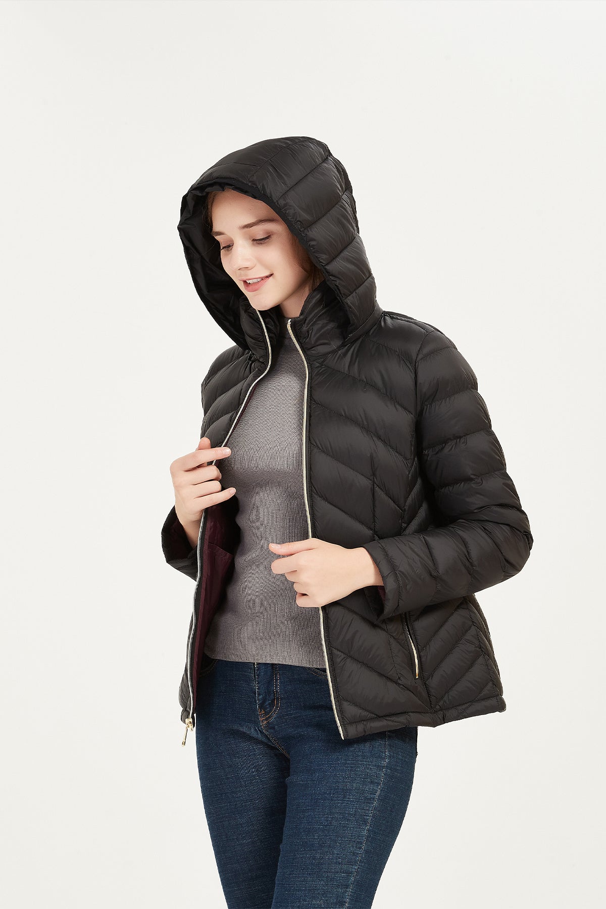 Women's jacket with clearance hood