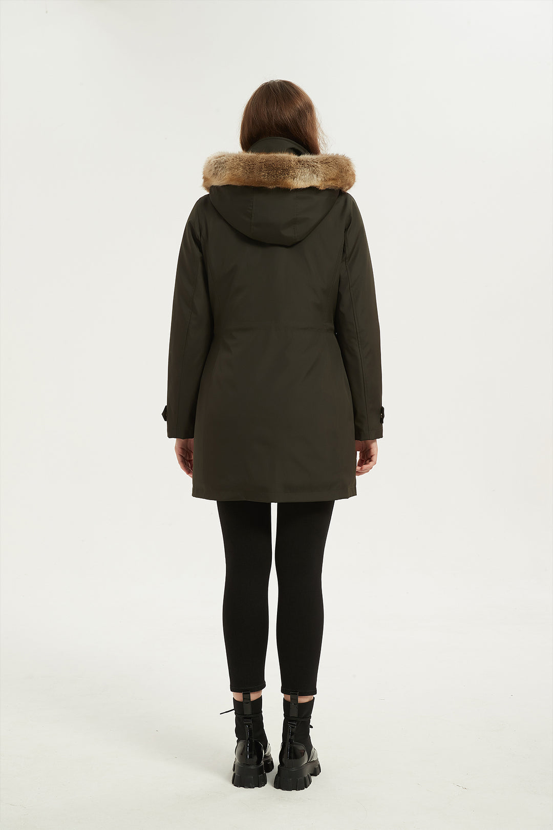 Drawstring Waist Parka Jacket with Removable faux fur hood