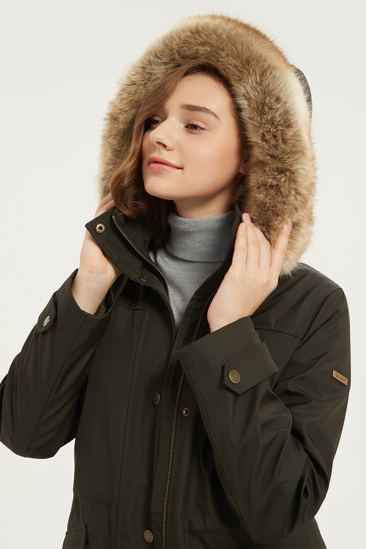 Drawstring Waist Parka Jacket with Removable faux fur hood