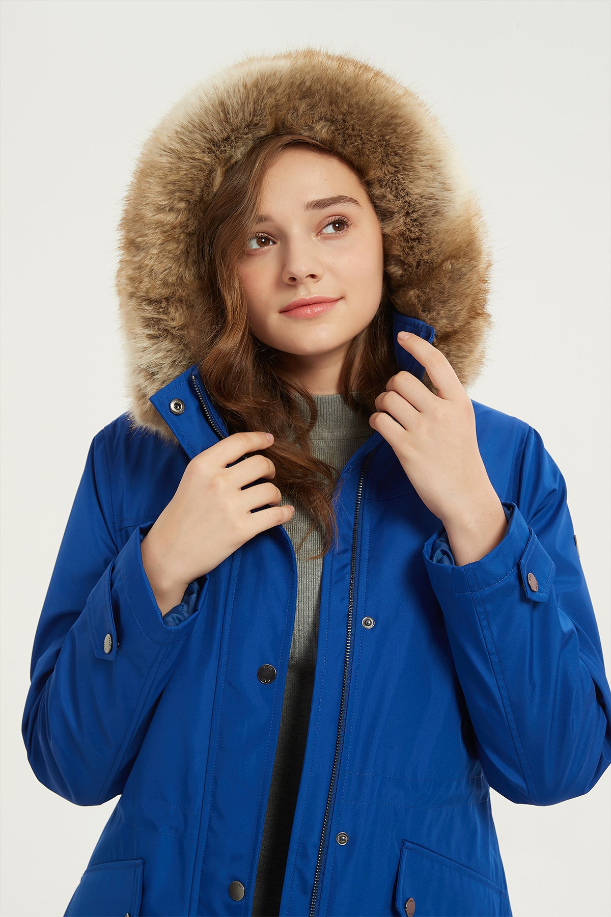 Women's Drawstring Waist Parka Jacket with Removable faux fur hood 